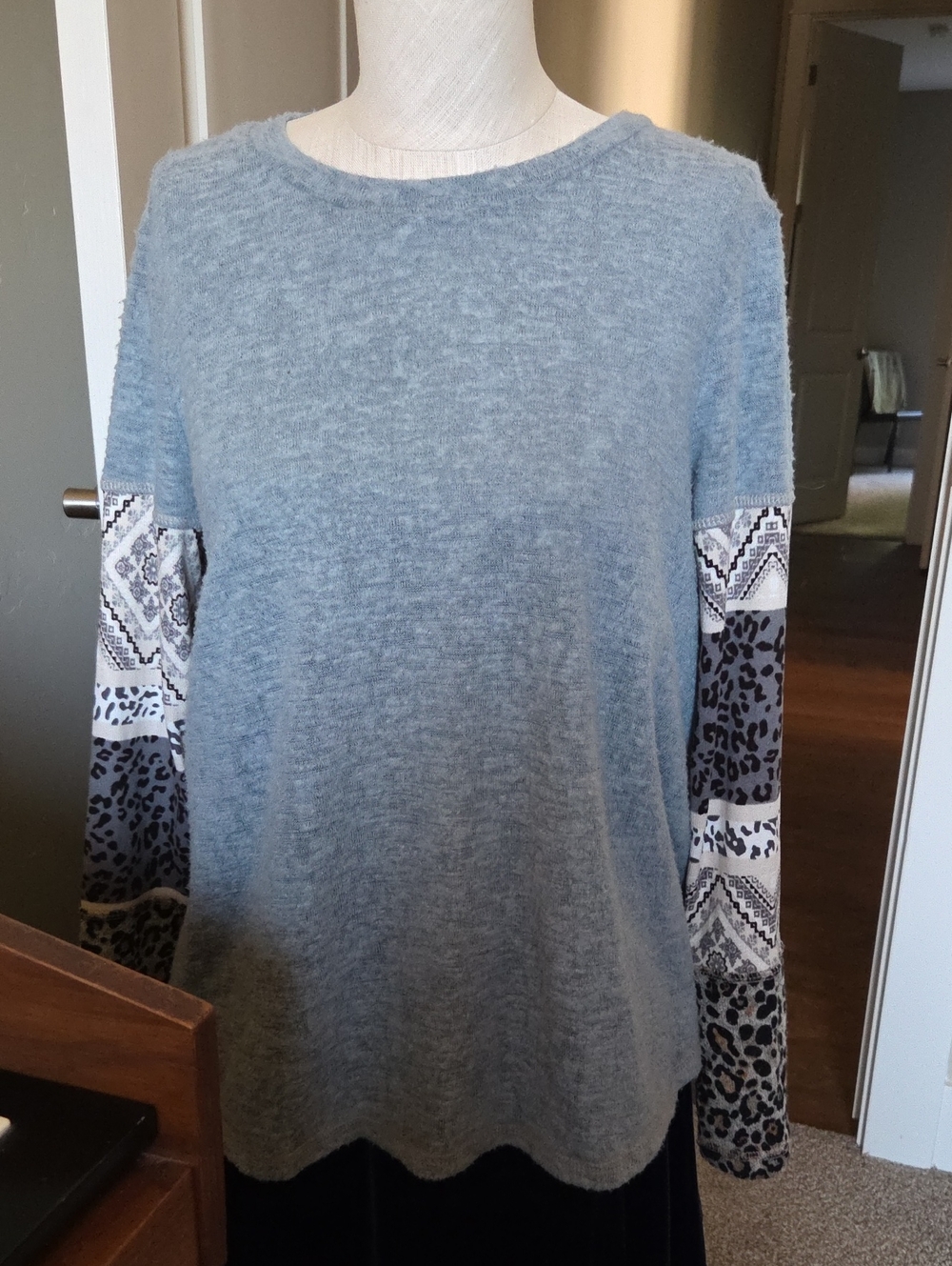 Ces Femme Light Blue Sweater with Patterned Sleeve Panels